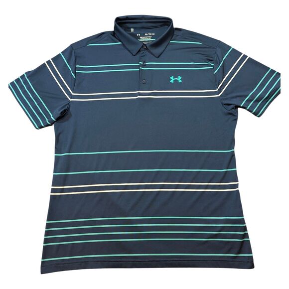 Under Armour Playoff Polo Mens XL Blue Stripe Performance Golf Athletic Loose - Picture 1 of 6